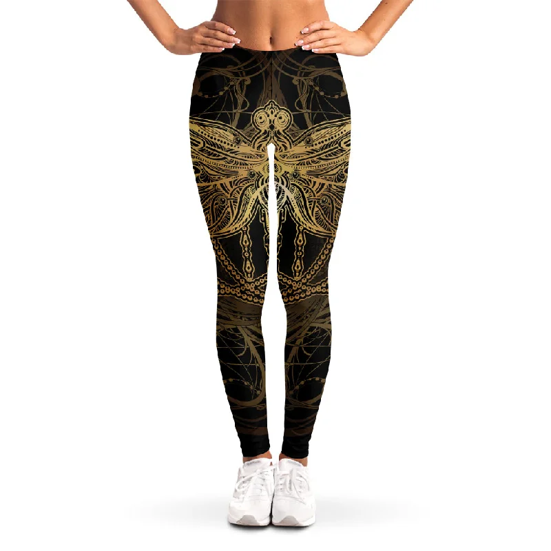 Golden Spiritual Dragonfly Print Women's Leggings