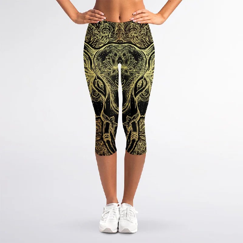 Golden Spiritual Elephant Print Women's Capri Leggings