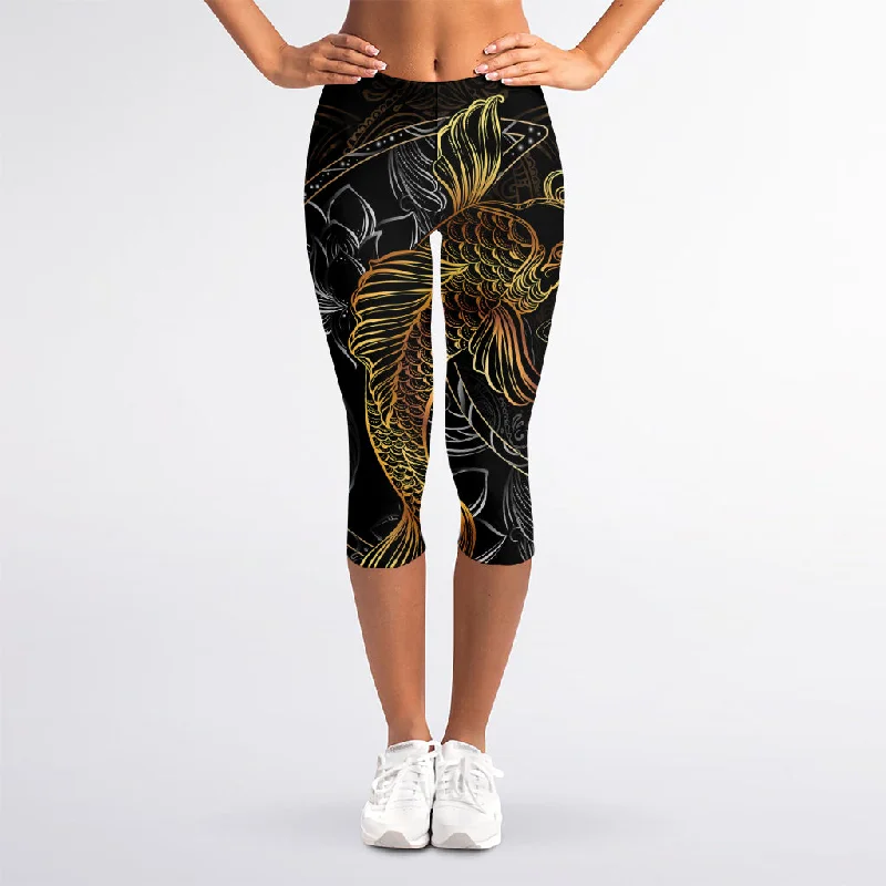 Golden Spiritual Koi Fish Print Women's Capri Leggings