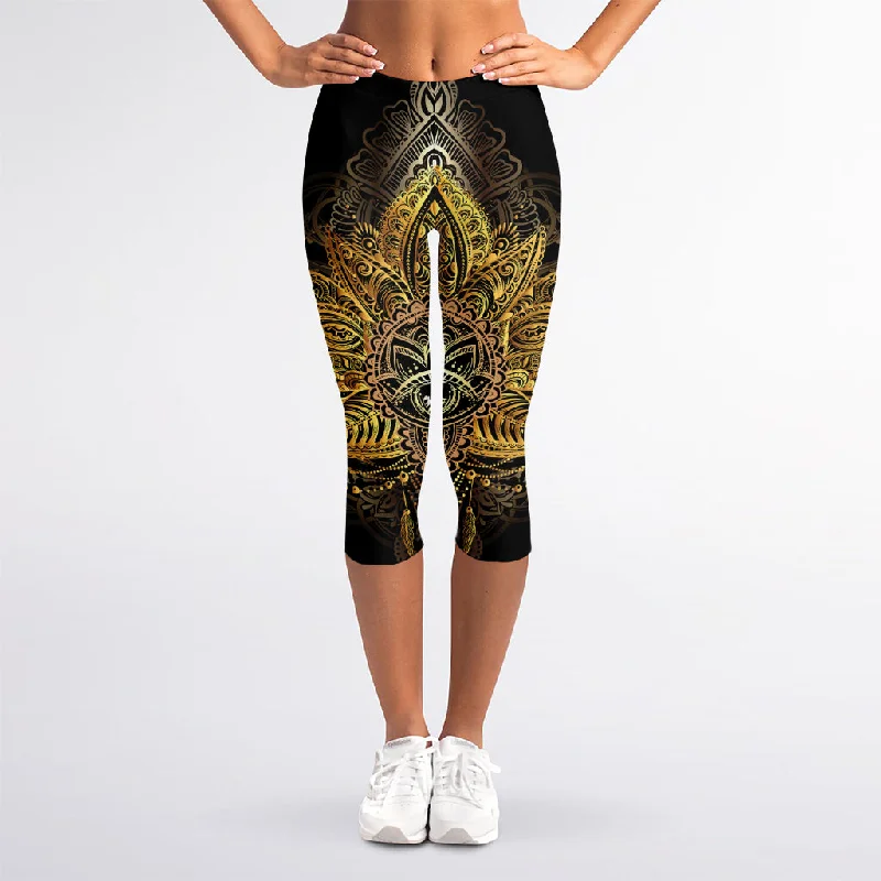 Golden Spiritual Lotus Print Women's Capri Leggings