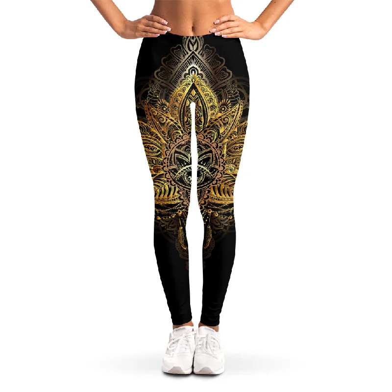 Golden Spiritual Lotus Print Women's Leggings