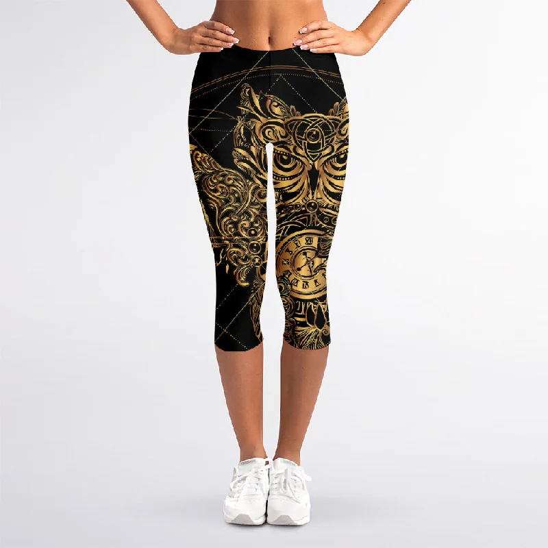 Golden Spiritual Owl Print Women's Capri Leggings