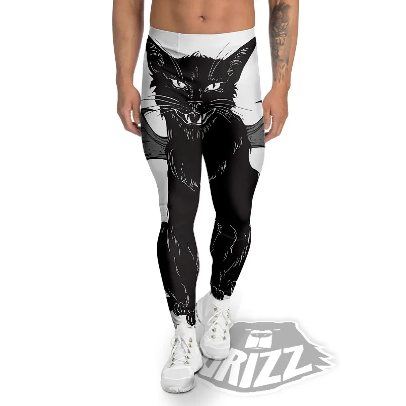 Gothic Wiccan Cat White And Black Print Men's Leggings