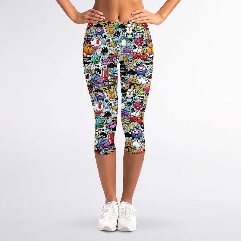 Graffiti Cartoon Characters Print Women's Capri Leggings