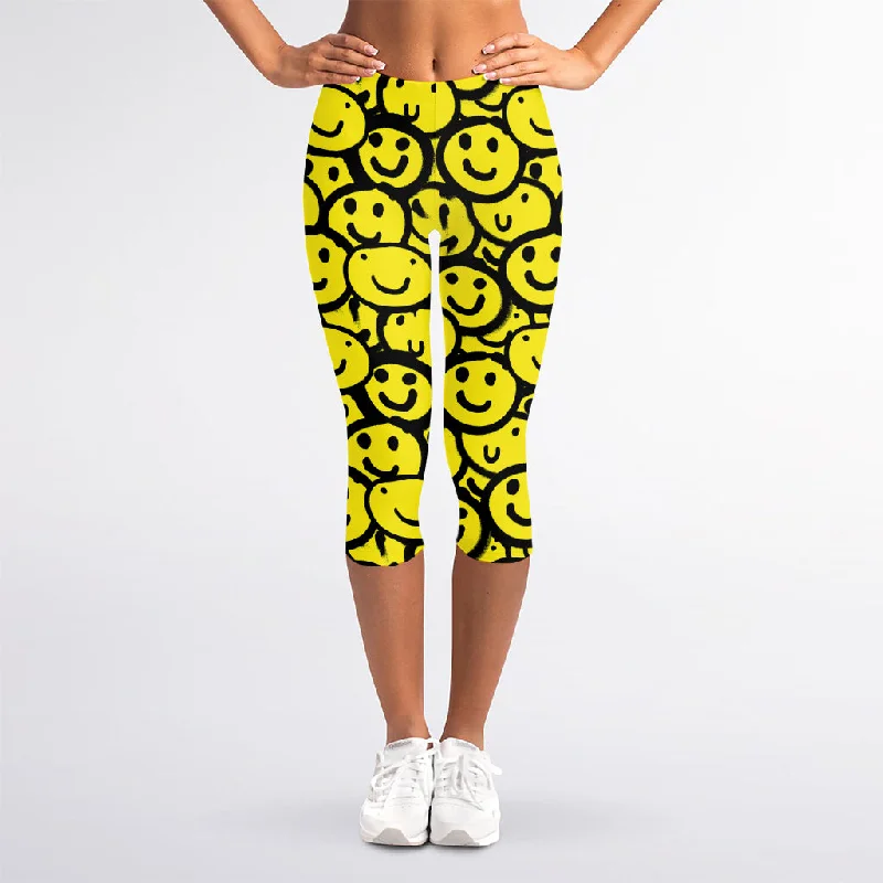 Graffiti Happy Emoji Pattern Print Women's Capri Leggings