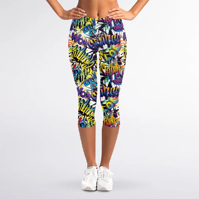 Graffiti Text Pattern Print Women's Capri Leggings