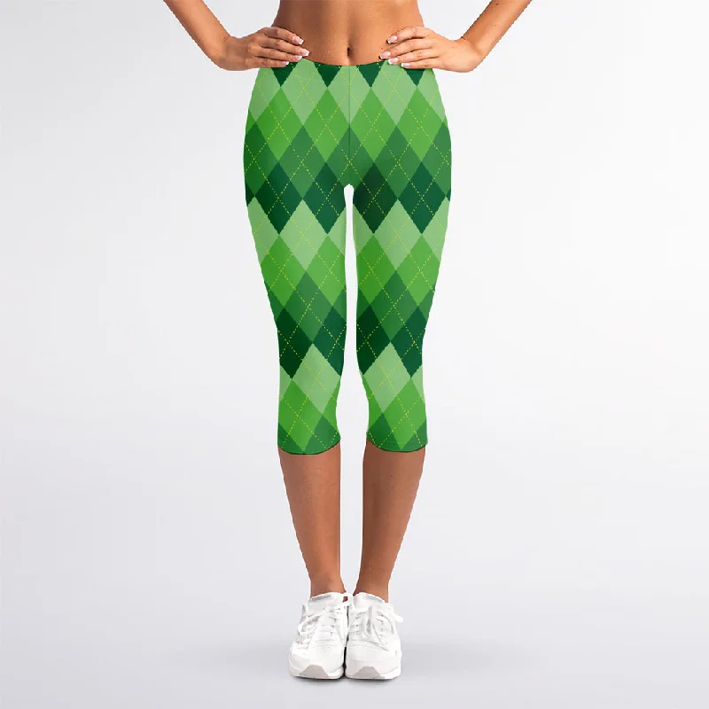 Grass Green Argyle Pattern Print Women's Capri Leggings