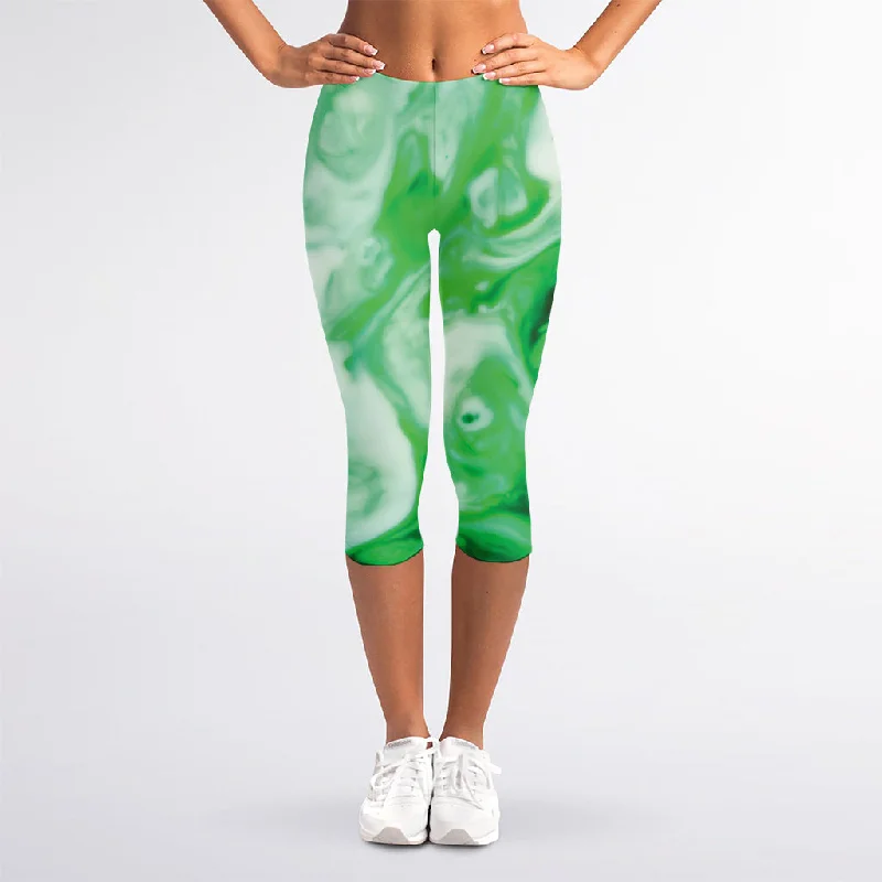 Green Acid Melt Print Women's Capri Leggings