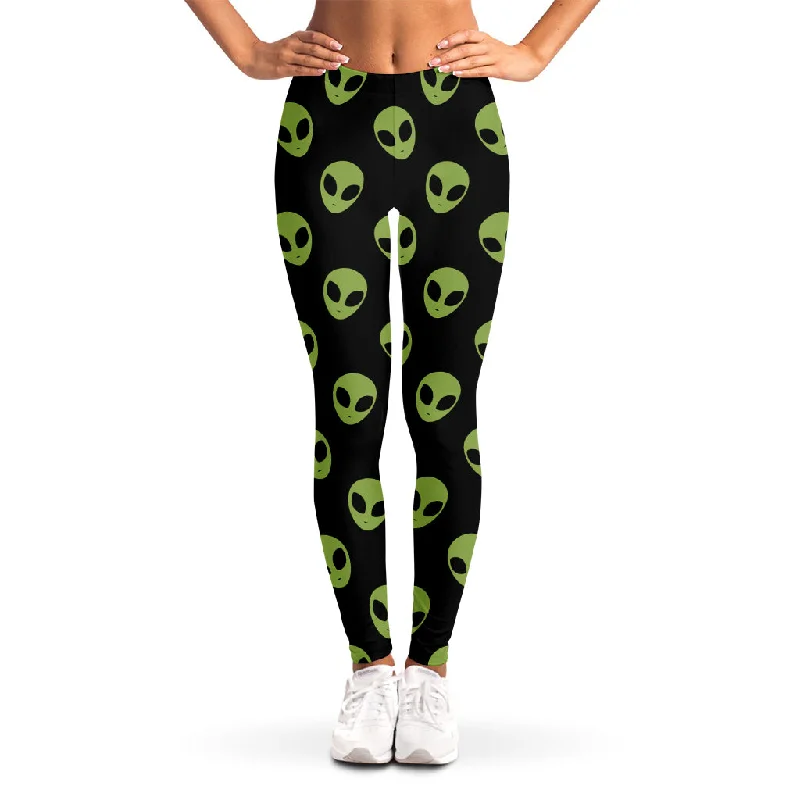 Green Alien Face Pattern Print Women's Leggings