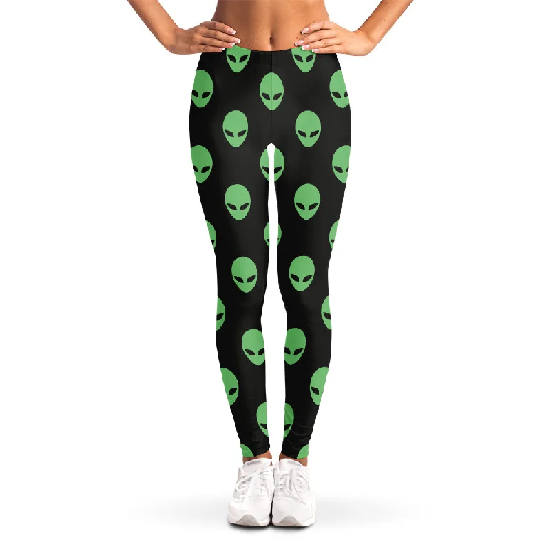 Green Alien Face Print Women's Leggings