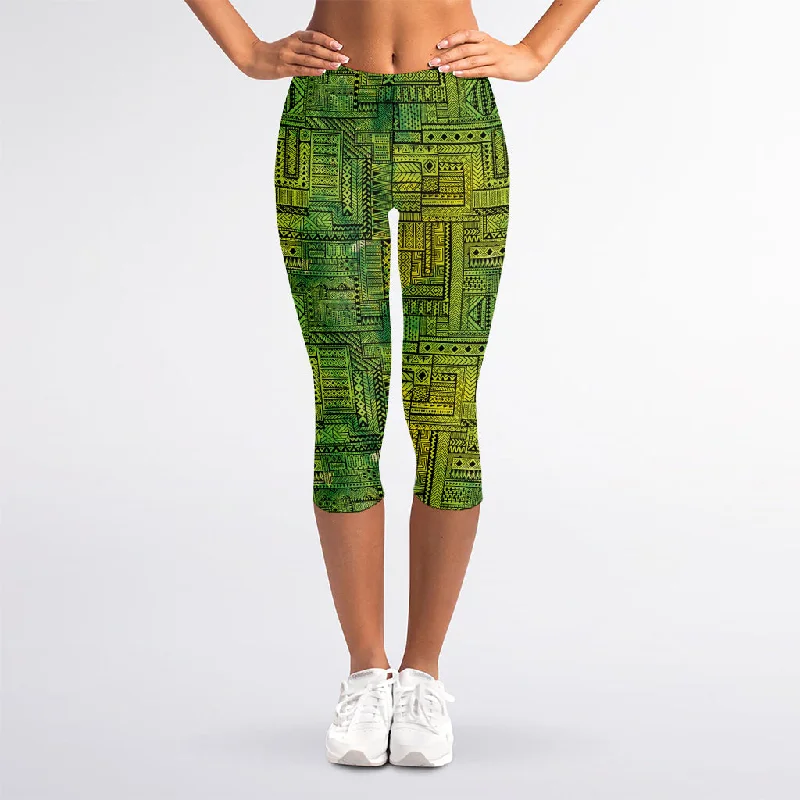 Green And Black African Ethnic Print Women's Capri Leggings