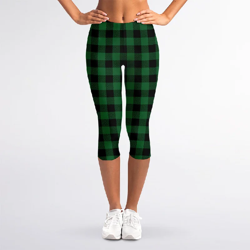 Green And Black Buffalo Check Print Women's Capri Leggings