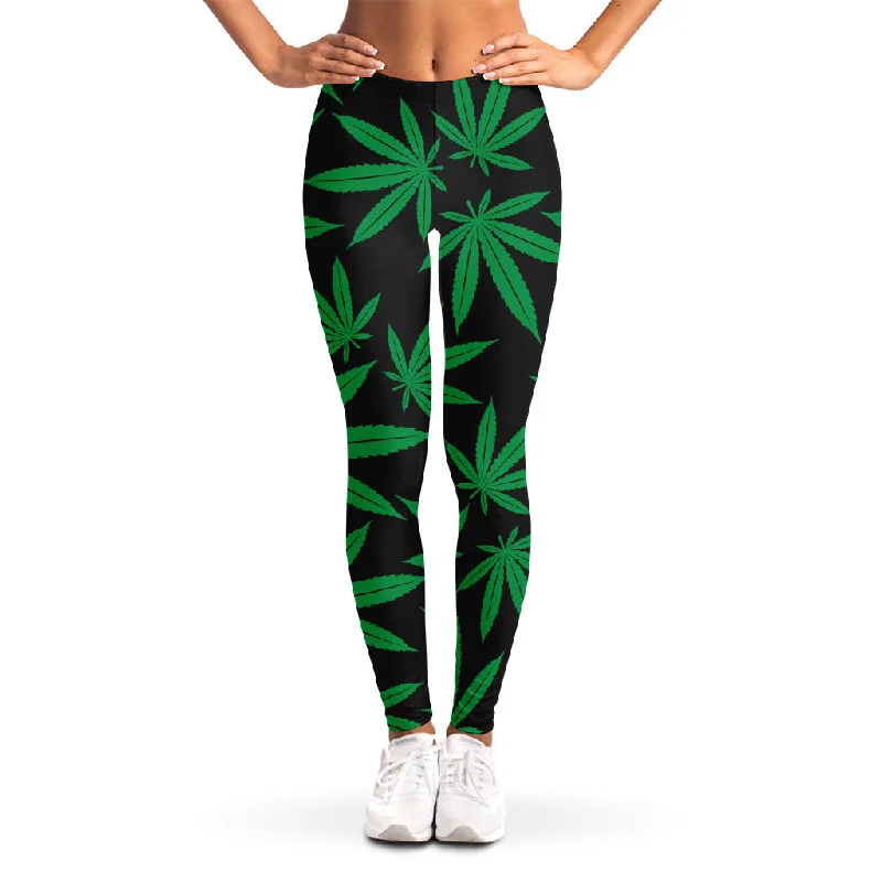 Green And Black Cannabis Leaf Print Women's Leggings