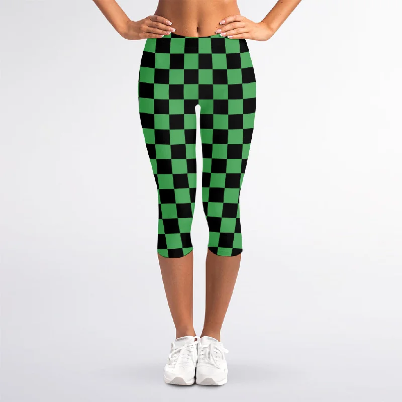 Green And Black Checkered Pattern Print Women's Capri Leggings