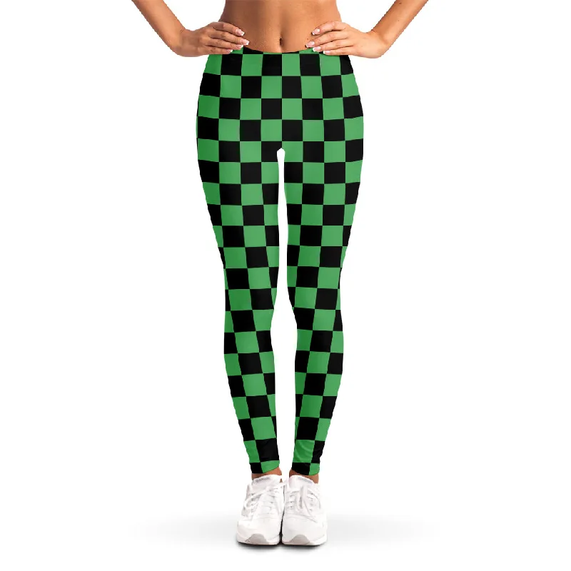 Green And Black Checkered Pattern Print Women's Leggings