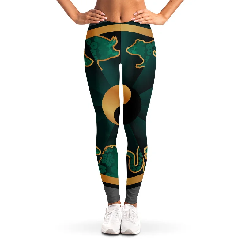 Green And Gold Chinese Zodiac Print Women's Leggings