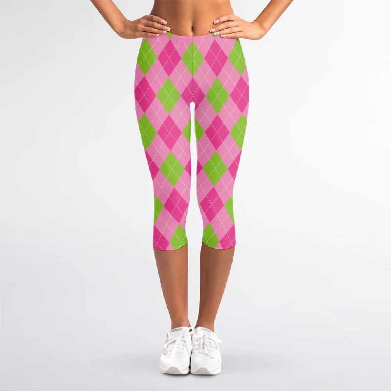 Green And Pink Argyle Pattern Print Women's Capri Leggings