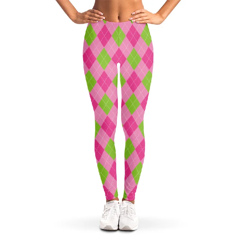 Green And Pink Argyle Pattern Print Women's Leggings