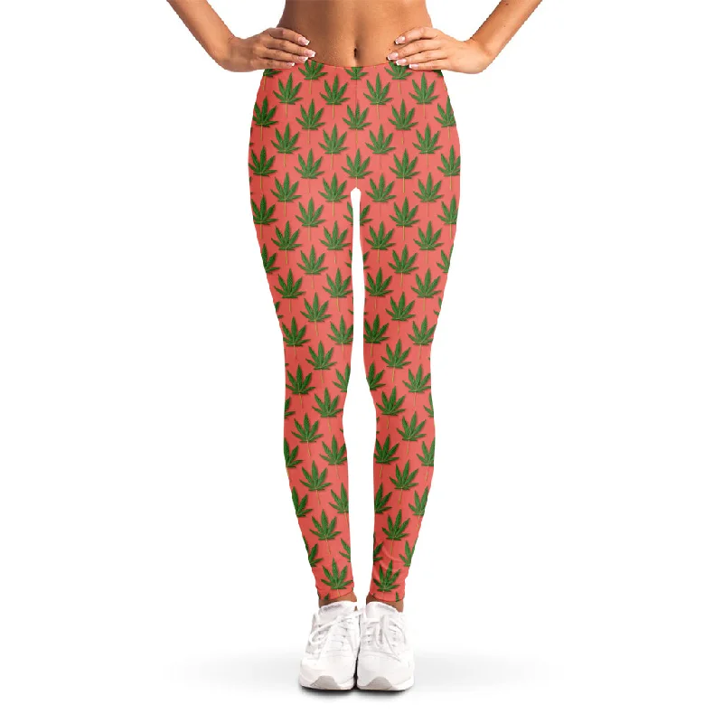 Green And Pink Cannabis Leaf Print Women's Leggings