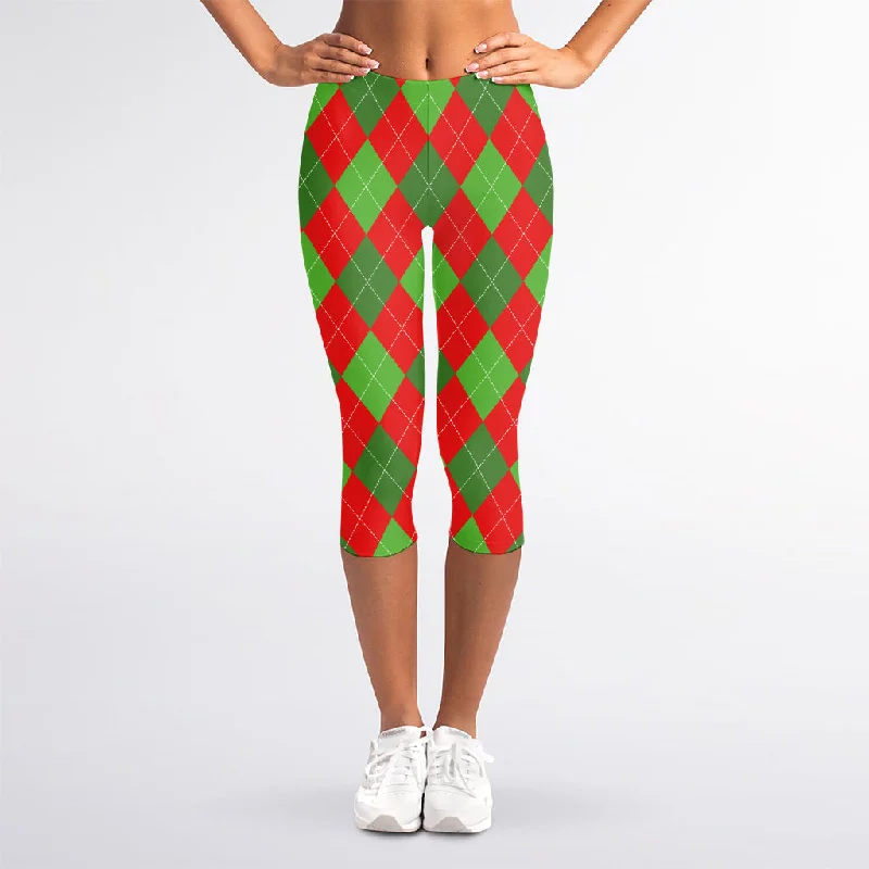 Green And Red Argyle Pattern Print Women's Capri Leggings