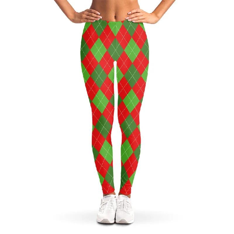 Green And Red Argyle Pattern Print Women's Leggings