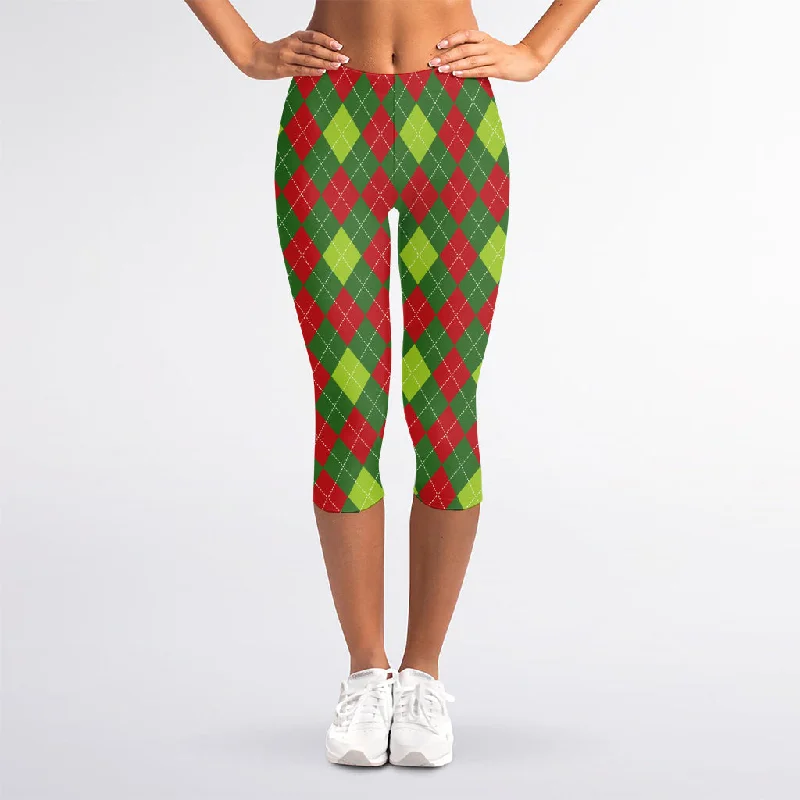 Green And Red Christmas Argyle Print Women's Capri Leggings