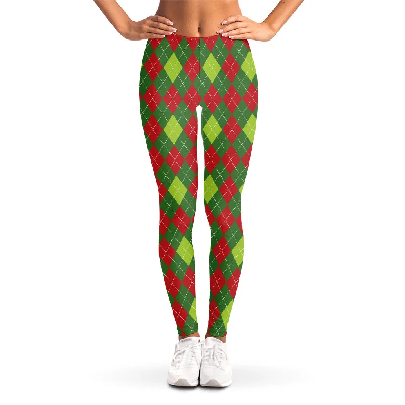 Green And Red Christmas Argyle Print Women's Leggings