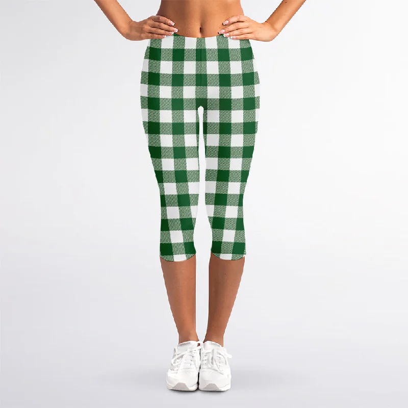 Green And White Buffalo Check Print Women's Capri Leggings