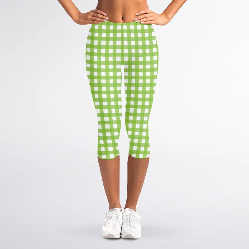 Green And White Check Pattern Print Women's Capri Leggings