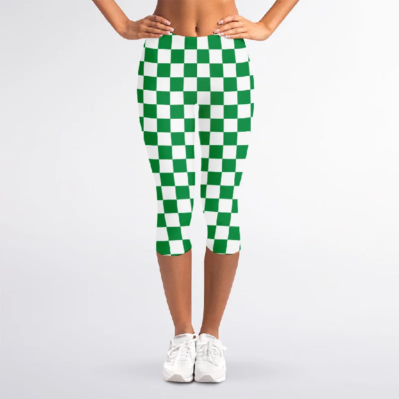 Green And White Checkered Pattern Print Women's Capri Leggings