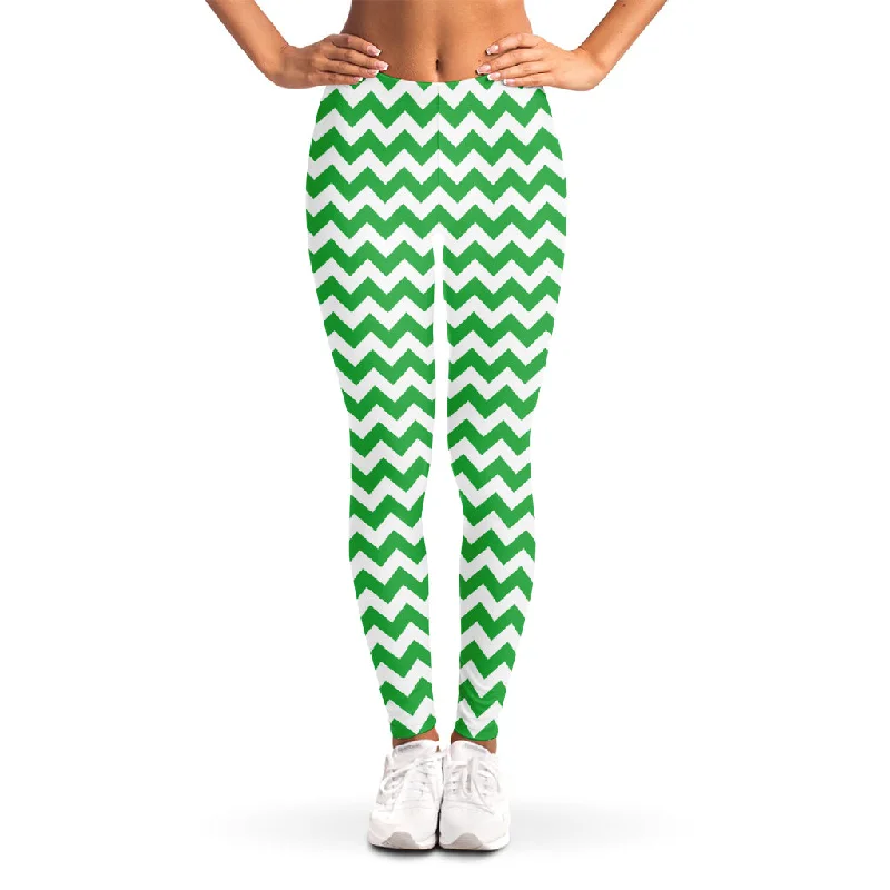 Green And White Chevron Pattern Print Women's Leggings