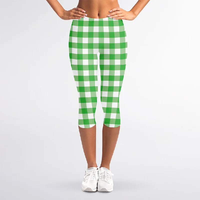 Green And White Gingham Pattern Print Women's Capri Leggings