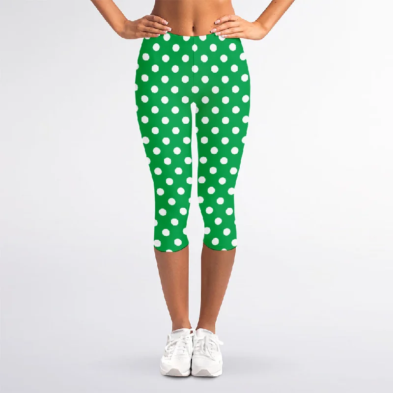 Green And White Polka Dot Pattern Print Women's Capri Leggings