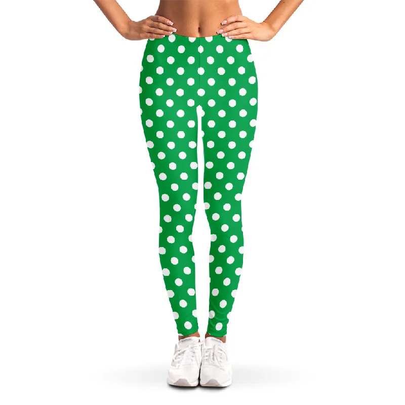 Green And White Polka Dot Pattern Print Women's Leggings