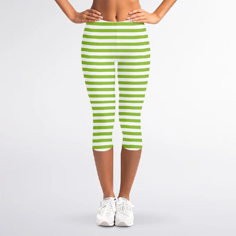 Green And White Striped Pattern Print Women's Capri Leggings