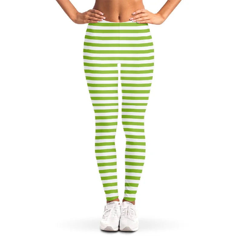 Green And White Striped Pattern Print Women's Leggings