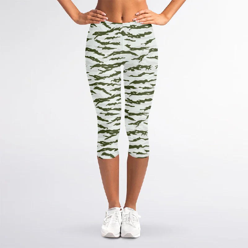 Green And White Tiger Stripe Camo Print Women's Capri Leggings