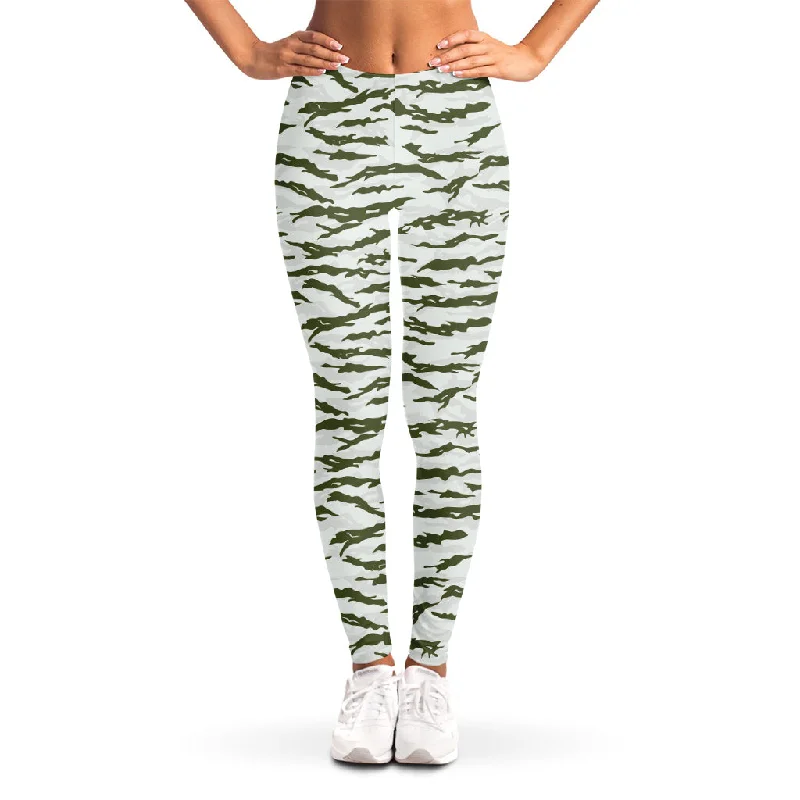 Green And White Tiger Stripe Camo Print Women's Leggings