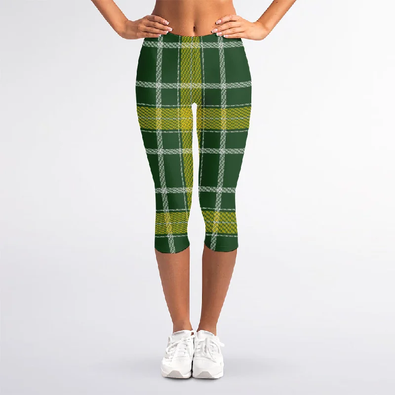 Green And Yellow Stewart Tartan Print Women's Capri Leggings