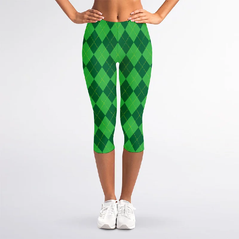 Green Argyle Pattern Print Women's Capri Leggings