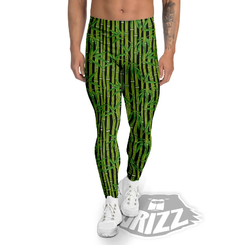 Green Bamboo And Leaves Print Pattern Men's Leggings