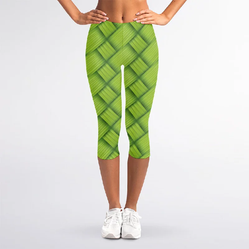 Green Bamboo Print Women's Capri Leggings