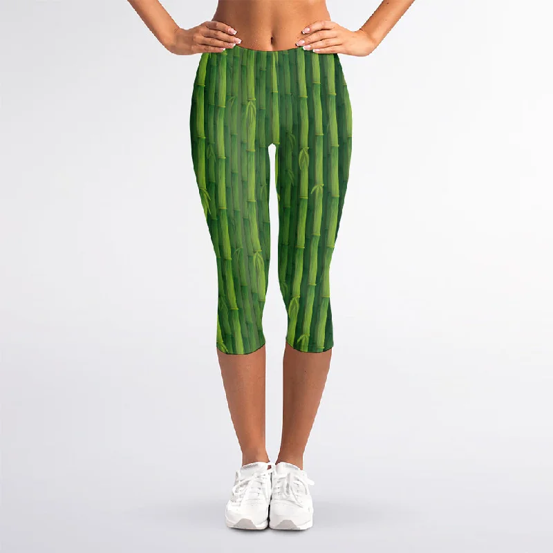 Green Bamboo Tree Pattern Print Women's Capri Leggings