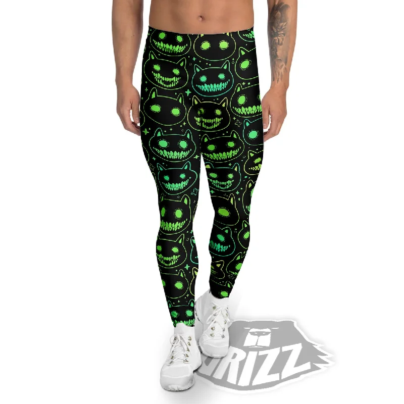 Green Black Head Cartoon Spooky Cat Print Pattern Men's Leggings