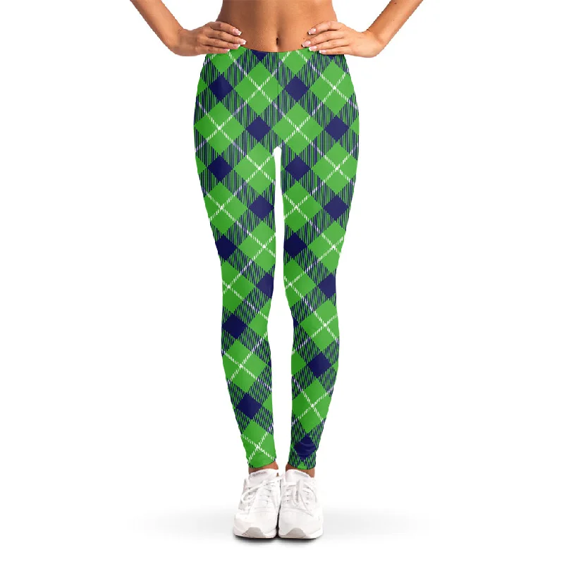 Green Blue And White Plaid Pattern Print Women's Leggings