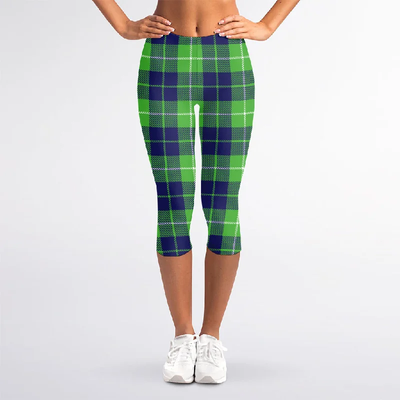 Green Blue And White Tartan Print Women's Capri Leggings