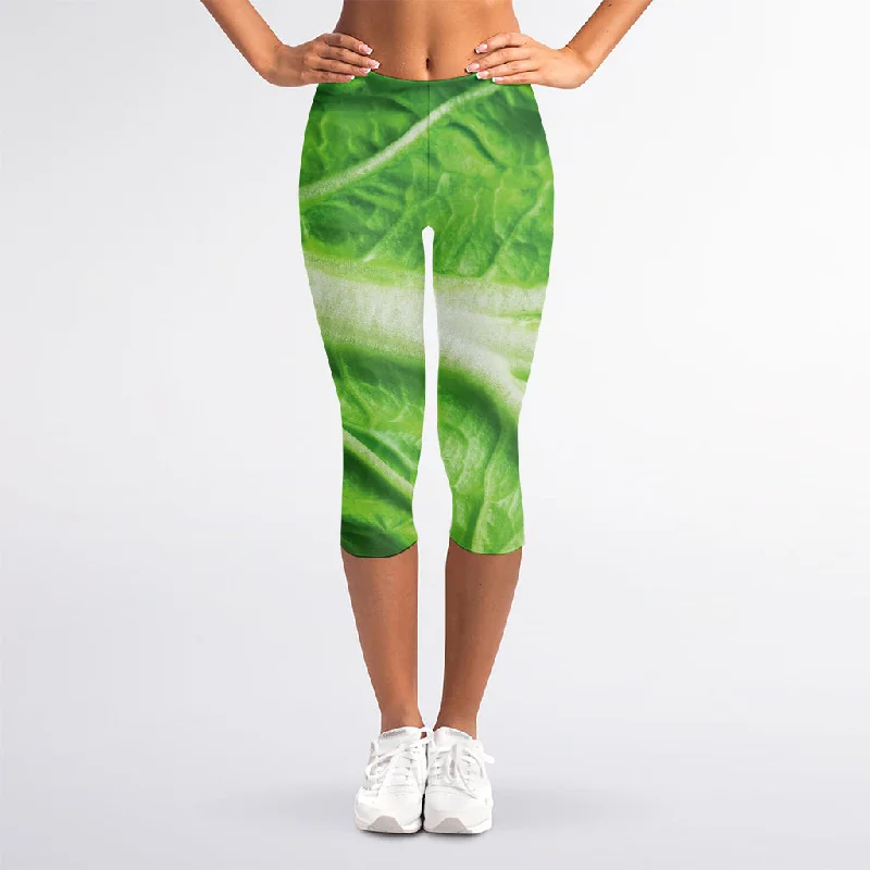 Green Cabbage Leaf Print Women's Capri Leggings