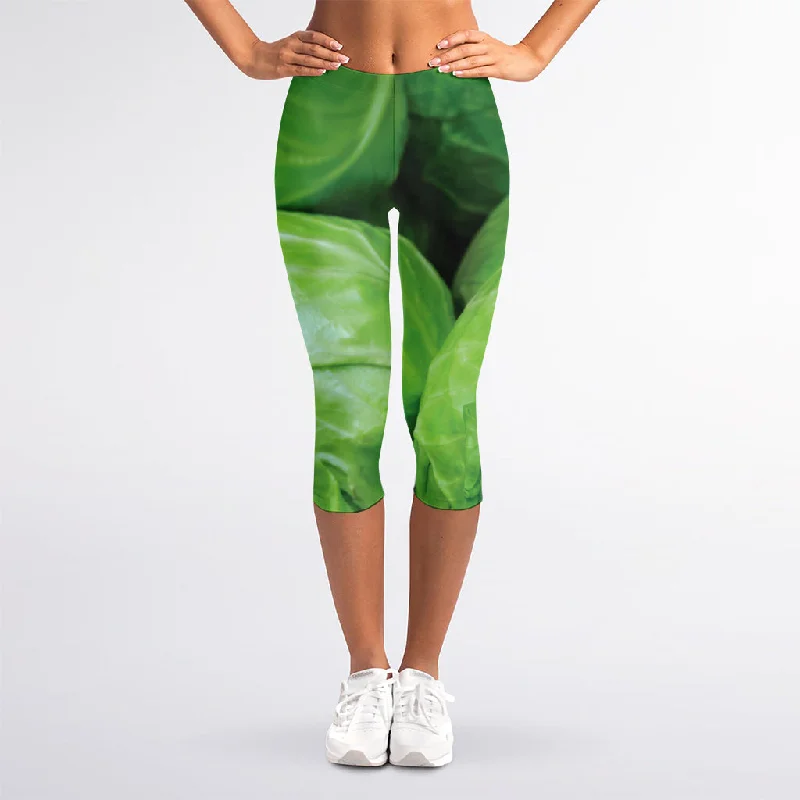 Green Cabbage Print Women's Capri Leggings