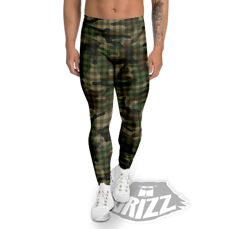 Green Camouflage Army Plaid Print Pattern Men's Leggings