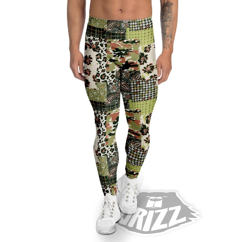 Green Camouflage Tartan Paisley Patchwork Print Pattern Men's Leggings